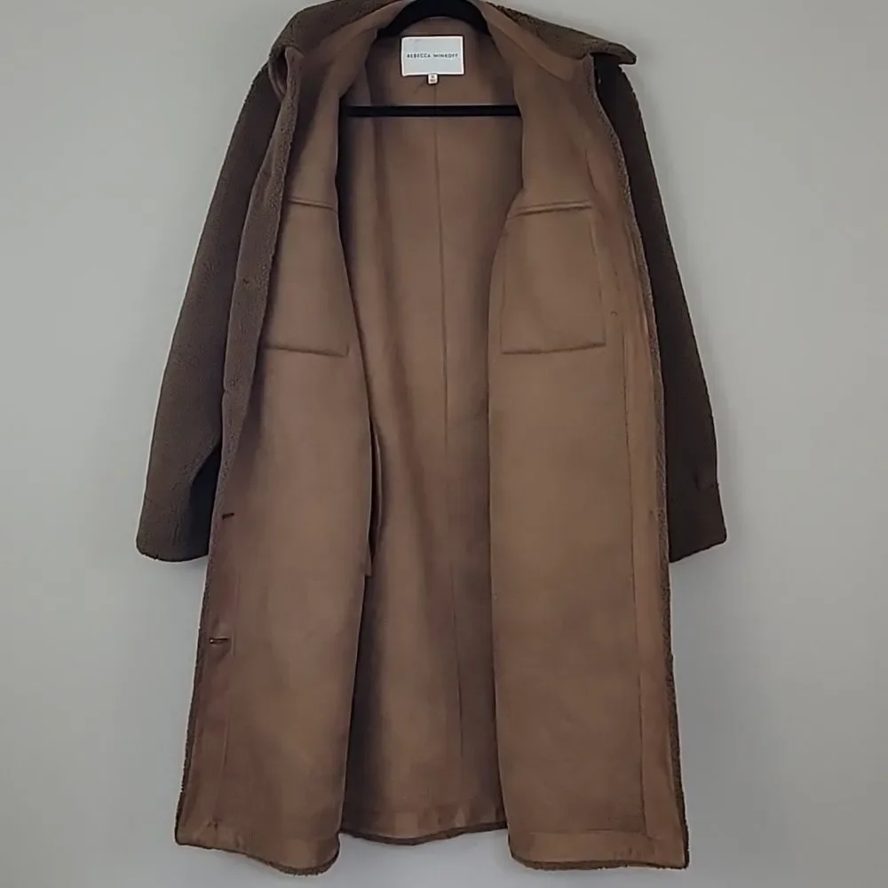 Rebecca Minkoff Brown Faux Shearling Button Down Long Overcoat w/Pockets Size XL - Picture 12 of 15